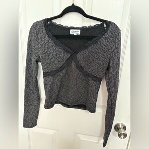 Lavender Moon Metallic Ribbed Lace Trim Long Sleeve Top